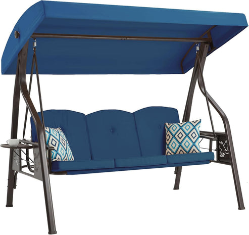 3-Seat Outdoor Porch Swing with Stand, Patio Swing with Canopy, 2 in 1 Porch Swing Bed & Patio Swing Chair for Adult w/Extra Pillows and Cup Holder for Yard