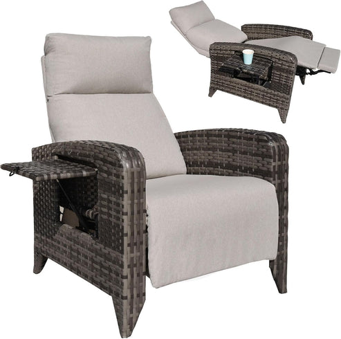 Upgraded Outdoor Recliner Chair, Reclining Patio Chairs with Adjustable Back up to 150°Lay Flat and Extended Footrest, Wicker Recliner Chairs with Flip Table and Removable Olefin Cushion