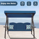 3-Seat Outdoor Porch Swing with Stand, Patio Swing with Canopy, 2 in 1 Porch Swing Bed & Patio Swing Chair for Adult w/Extra Pillows and Cup Holder for Yard