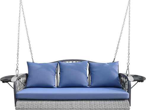 Wicker Porch Swing Heavy Duty 900 LBS 3-Seat Outdoor Patio Swing Chair with Cushions & 8.9ft Chains Outdoor Hanging Bench with Upgraded Cup Holders for Garden Deck Backyard
