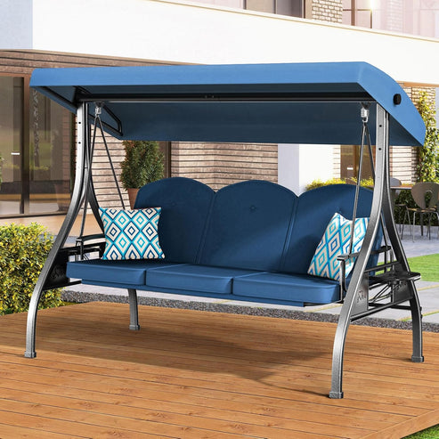3 Seat Outdoor Porch Patio Swing with Stand 800lbs 2-in-1 Convertible Swing Bed with Adjustable Canopy & Removable Cushion for Yard Garden Deck ( Square Tube)