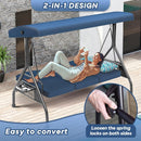 3 Seat Outdoor Porch Patio Swing with Stand 800lbs 2-in-1 Convertible Swing Bed with Adjustable Canopy & Removable Cushion for Yard Garden Deck