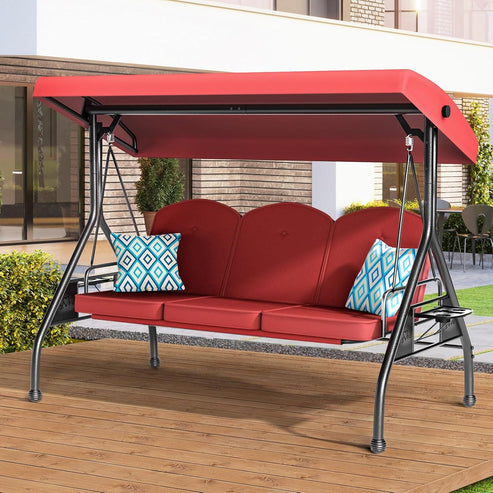 3 Seat Outdoor Porch Patio Swing with Stand 800lbs 2-in-1 Convertible Swing Bed with Adjustable Canopy & Removable Cushion for Yard Garden Deck