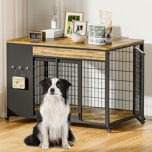 38" Dog Crate Furniture - Dog Crate with DIY Frame, Sliding Door Indoor Kennel, Wooden Dog Cage End Table, for Medium/Large Breed, Rustic Brown Size L
